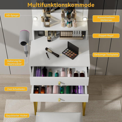 Schminktisch mit LED-Beleuchtung, Kosmetiktisch Weiß Gold