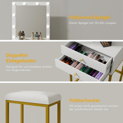 Schminktisch mit LED-Beleuchtung, Kosmetiktisch Weiß Gold