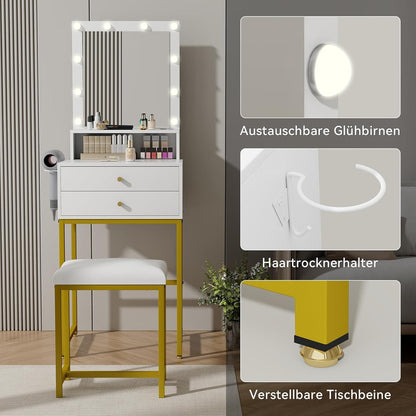 Schminktisch mit LED-Beleuchtung, Kosmetiktisch Weiß Gold