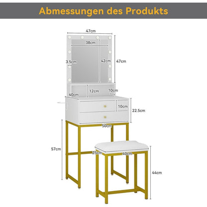 Schminktisch mit LED-Beleuchtung, Kosmetiktisch Weiß Gold