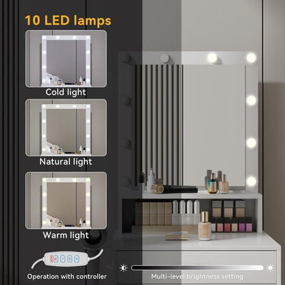 Schminktisch mit LED-Beleuchtung, Kosmetiktisch Weiß Gold