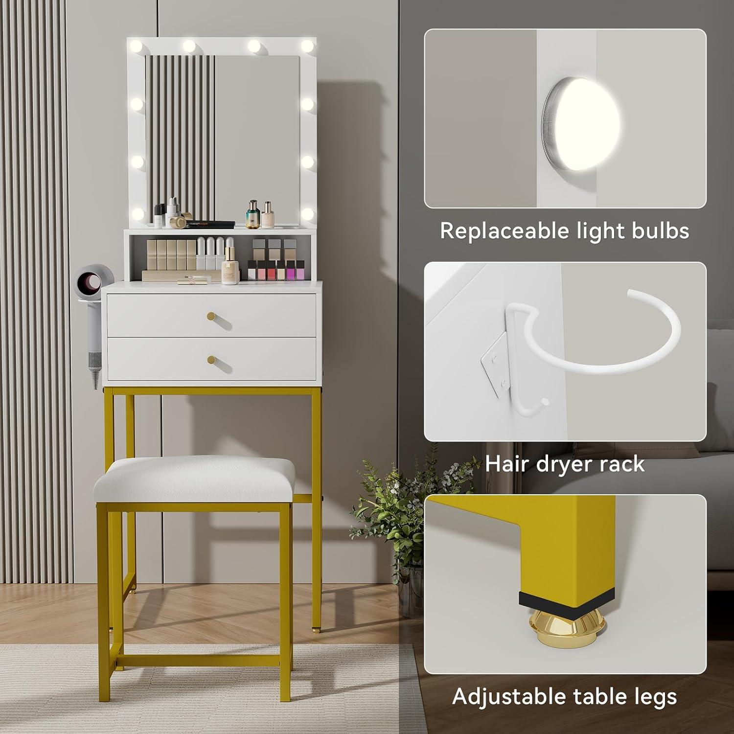 Schminktisch LED Spiegel Kosmetiktisch 2 Schubladen Weiß Gold
