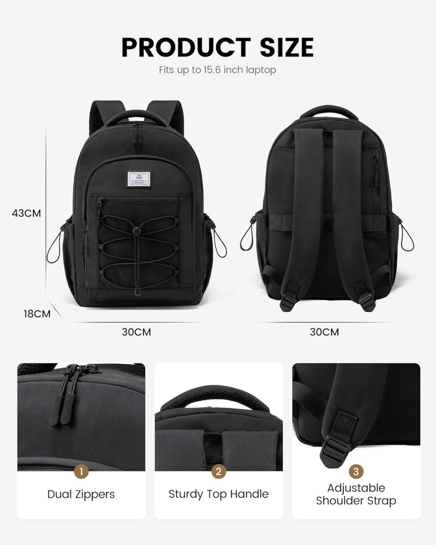 Schwarzer Schulrucksack 15,6 Zoll Damen Herren mit