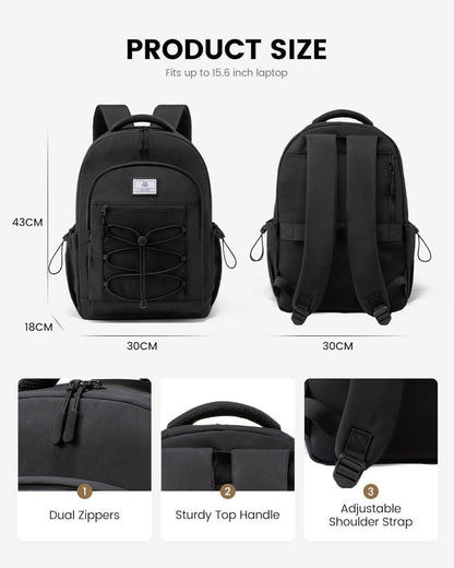 Schwarzer Schulrucksack 15,6 Zoll Damen Herren mit