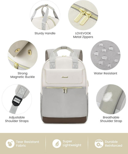 Rucksack Damen 15,6 Zoll mit Laptopfach Wasserdicht Daypack Hellgrau