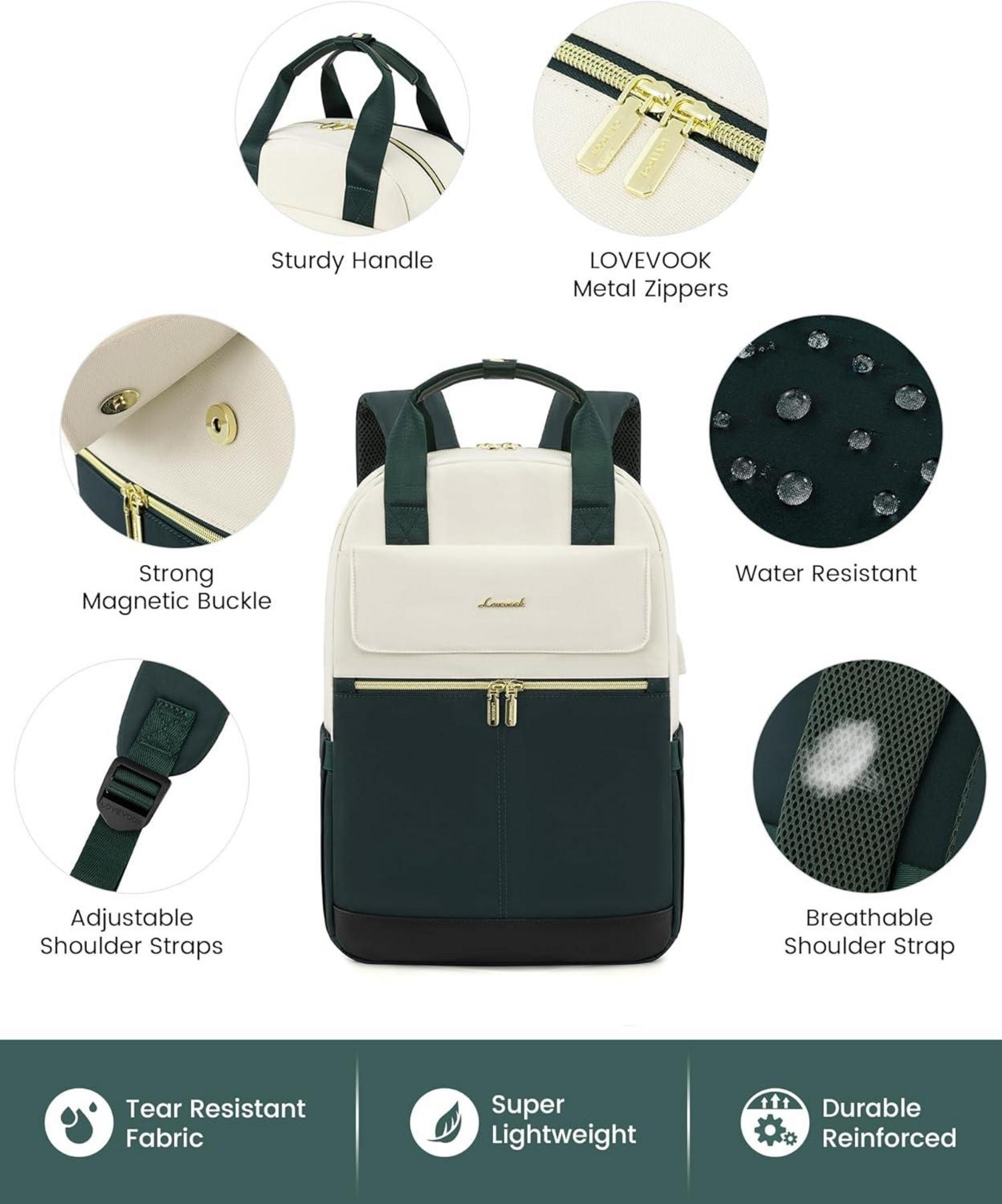 Damen Rucksack 15,6 Zoll Laptopfach Wasserdicht Dunkelgrün