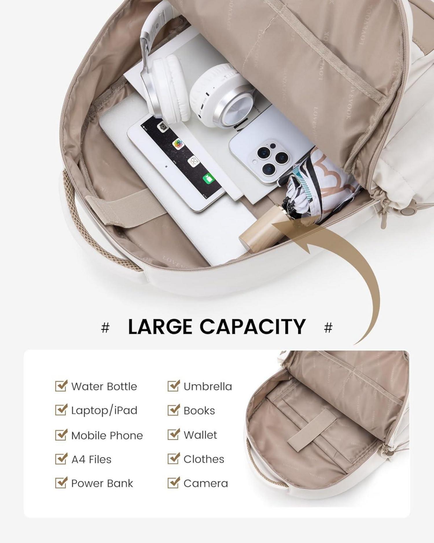 LOVEVOOK Rucksack 15,6 Zoll Schulrucksack Damen Herren mit Laptopfach Beige