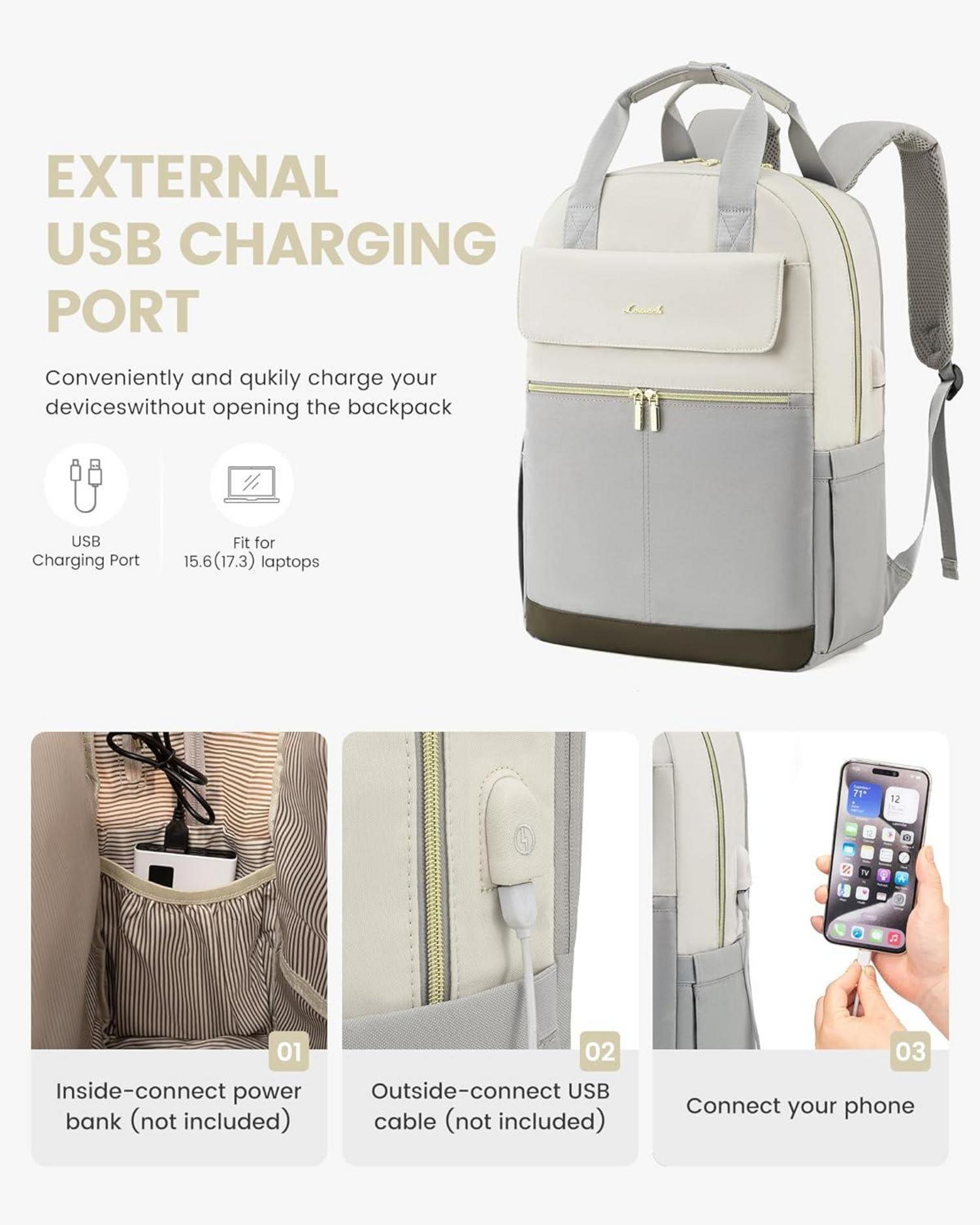 Rucksack Damen 17 Zoll Laptop Schulrucksack Wasserdicht Daypack Hellgrau