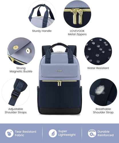 Rucksack Damen 15,6 Zoll Laptopfach Wasserdicht Blau