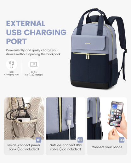 Damen Rucksack 15,6 Zoll Laptopfach Wasserdicht Uni Reise Büro Blau