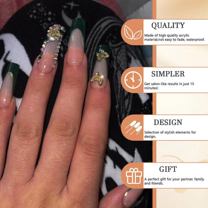 24 Stück Grüne Press on Nägel mit Nagelkleber und Schmetterling - Stil-7
