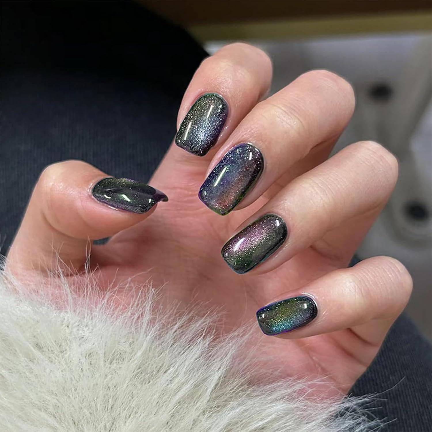 24er Set Schwarze Glitzernde Press on Nägel - Kurz & Quadratisch