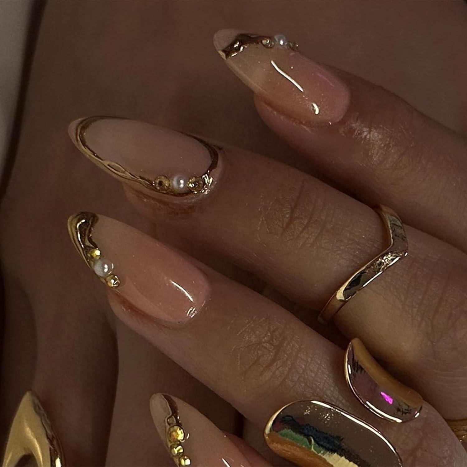 24er French Tip Press on Nails Mandel Perlen Gold Glänzend