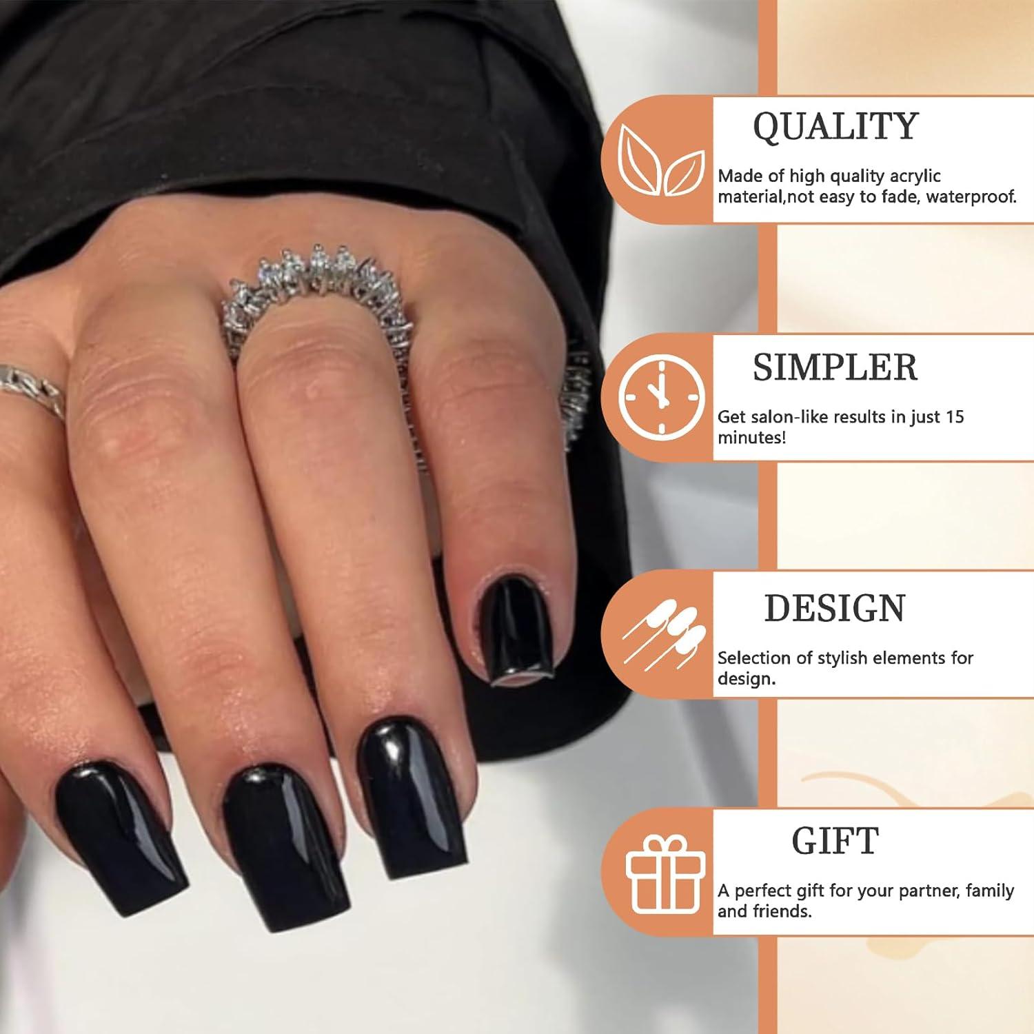 24er Set Schwarze Glänzende Press on Nägel für Damen & Mädchen