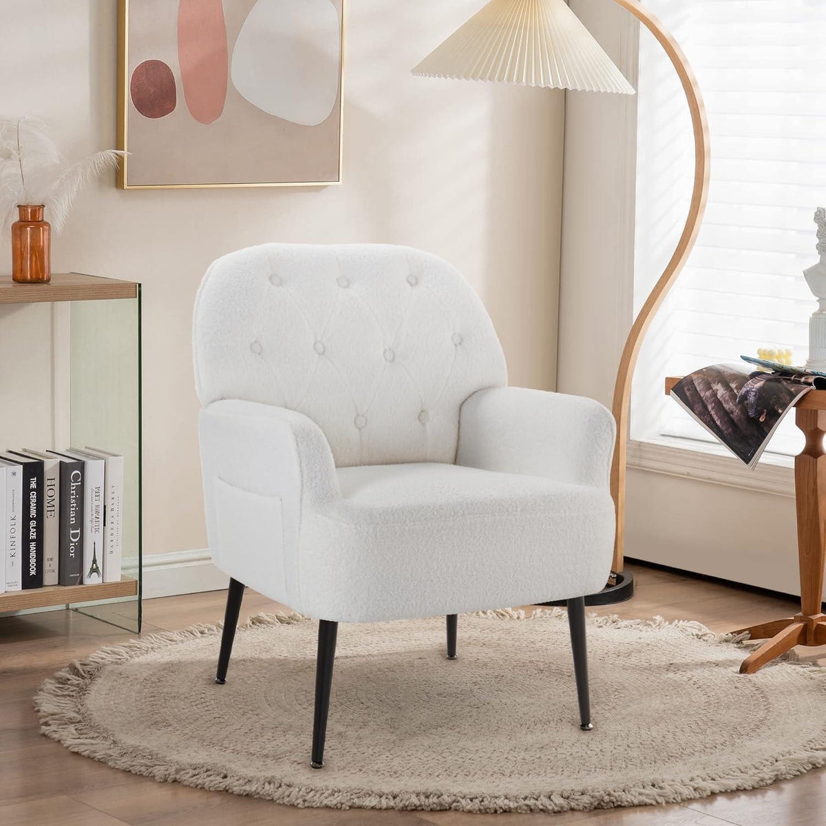 Bequemer Kunstfell Sessel mit Seitentasche – Weiß
