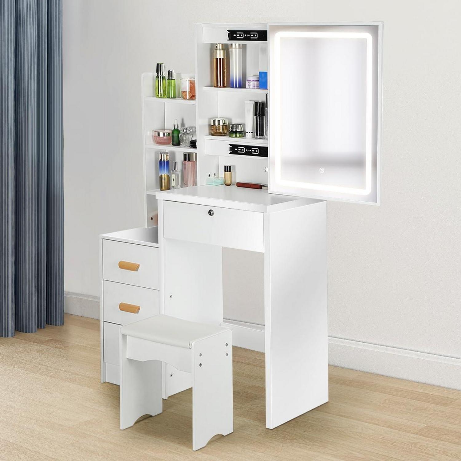 LED Schminktisch Weiß mit Spiegel und Hocker