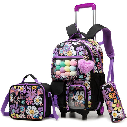 Kinder Trolley Rucksack Set mit Lunchtasche & Federmäppchen Schwarz Blumen