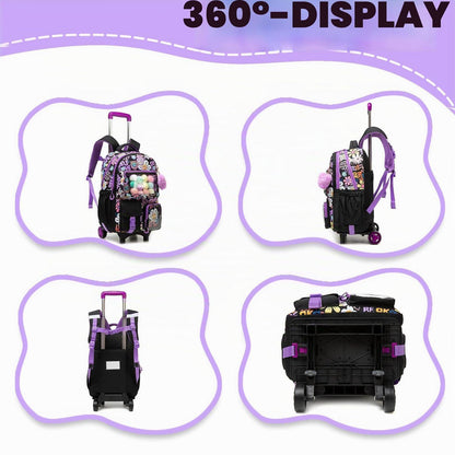 Kinder Trolley Rucksack Set mit Lunchtasche & Federmäppchen Schwarz Blumen