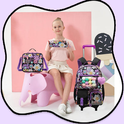 Kinder Trolley Rucksack Set mit Lunchtasche & Federmäppchen Schwarz Blumen