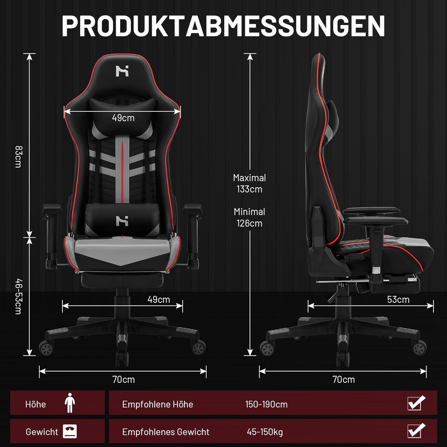 Gaming Stuhl Schwarz-Grau, Ergonomisch, 150kg Belastbarkeit
