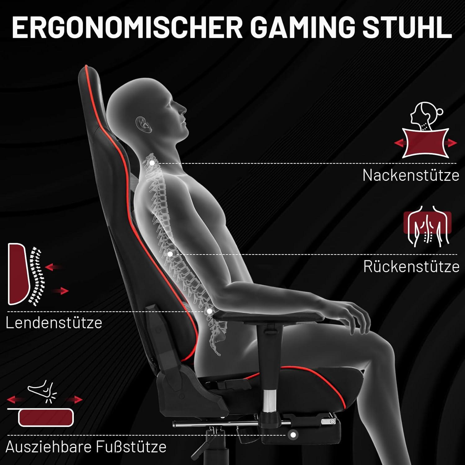 Ergonomischer Gaming Stuhl mit Kopf- & Lendenstütze, Höhenverstellbar, 150 kg