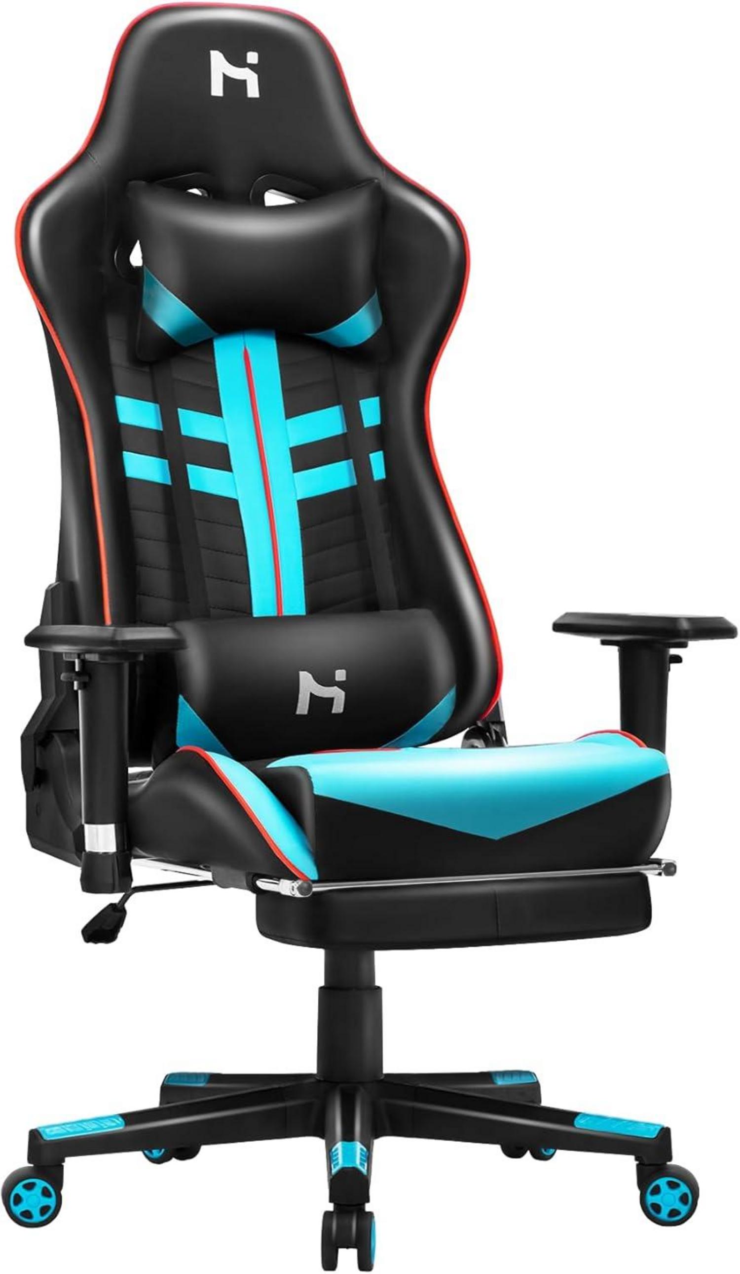 Ergonomischer Gaming Stuhl mit Kopfstütze und Fußstütze, Schwarz-Blau