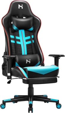 Ergonomischer Gaming Stuhl mit Kopfstütze und Fußstütze, Schwarz-Blau