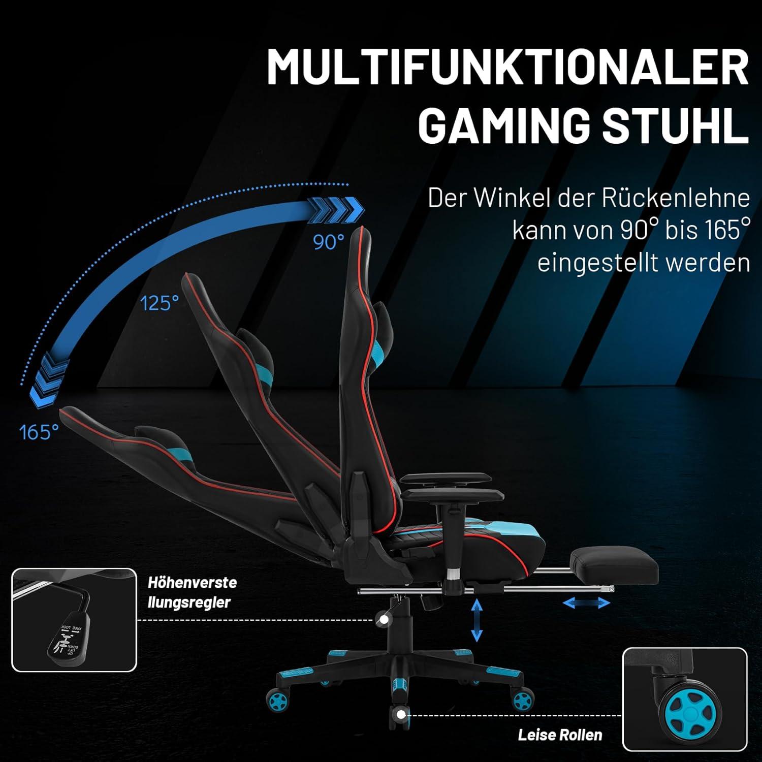 Gaming Stuhl Schwarz-Blau mit Kopfstütze, Lendenkissen und Fußstütze
