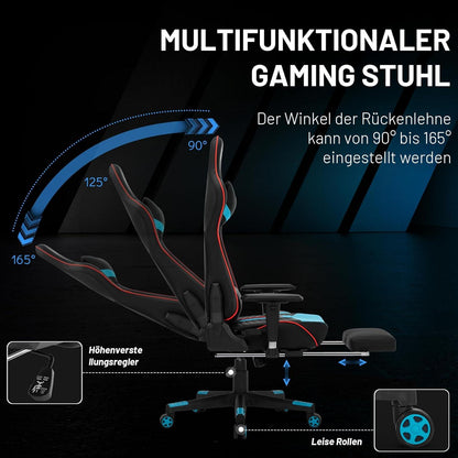 Gaming Stuhl Schwarz-Blau mit Kopfstütze, Lendenkissen und Fußstütze