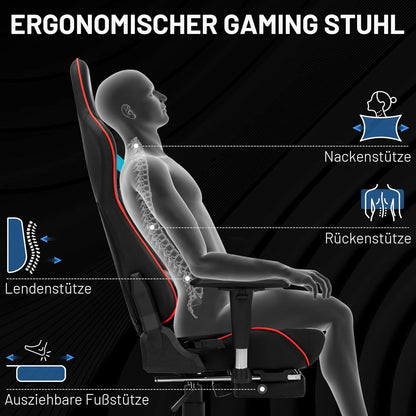 Gaming Stuhl Schwarz-Blau mit Kopfstütze, Lendenkissen und Fußstütze
