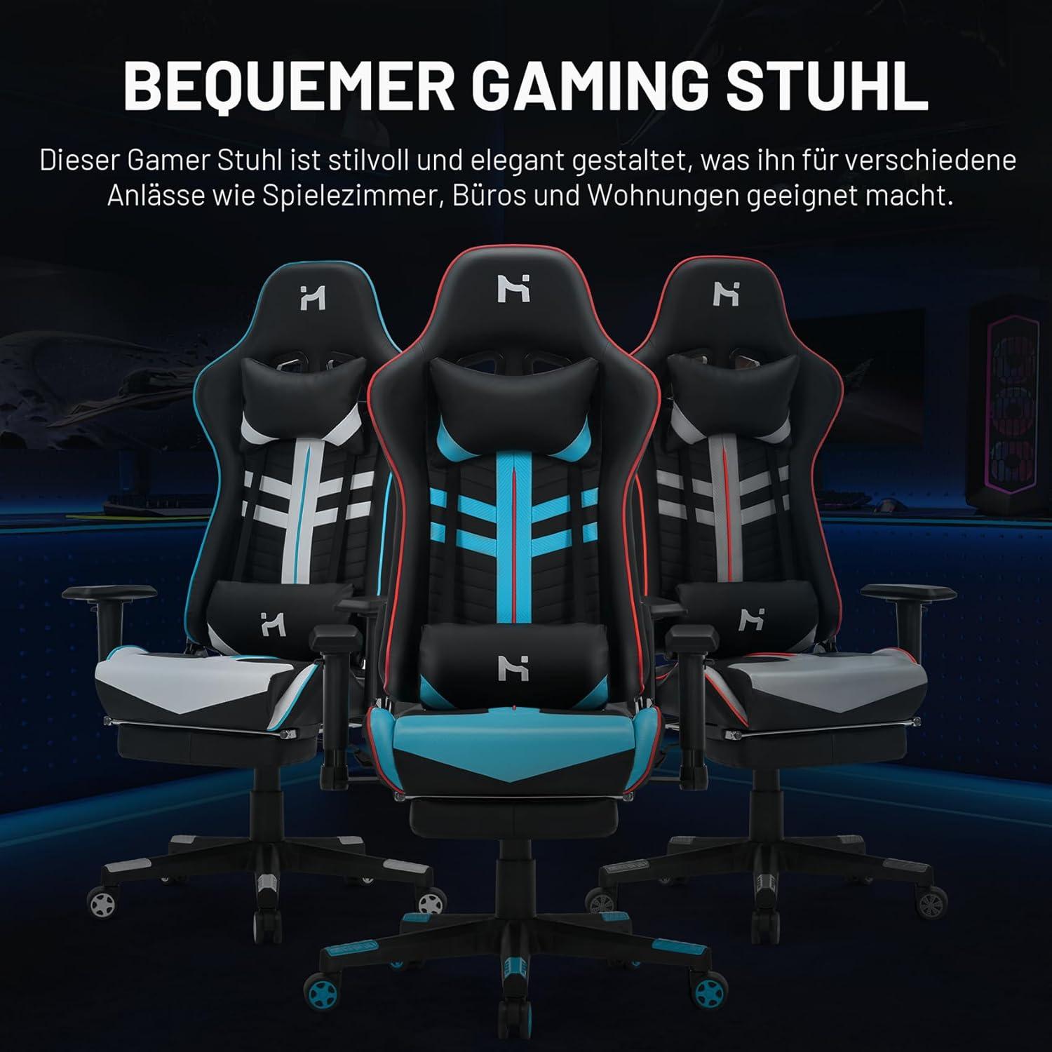 Gaming Stuhl Ergonomisch mit Kopfstütze Lendenkissen Fußstütze - Schwarz-Blau