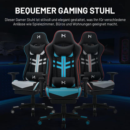 Gaming Stuhl Ergonomisch mit Kopfstütze Lendenkissen Fußstütze - Schwarz-Blau