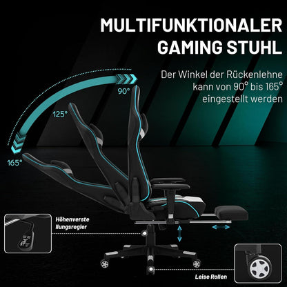 Ergonomischer Gaming Stuhl mit Kopf- & Lendenkissen, Fußstütze