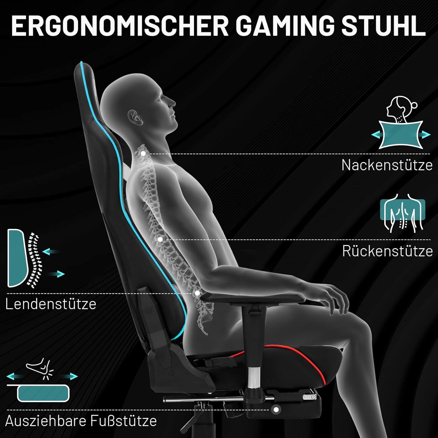 Ergonomischer Gaming Stuhl mit Kopf- & Lendenkissen, Fußstütze