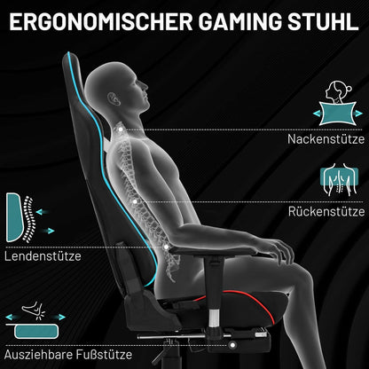 Ergonomischer Gaming Stuhl mit Kopf- & Lendenkissen, Fußstütze