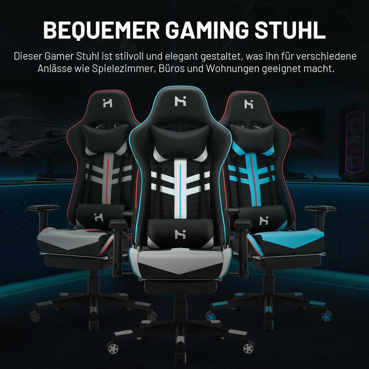 Gaming Stuhl mit Verstellbarer Rückenlehne, Kopfstütze und Fußstütze