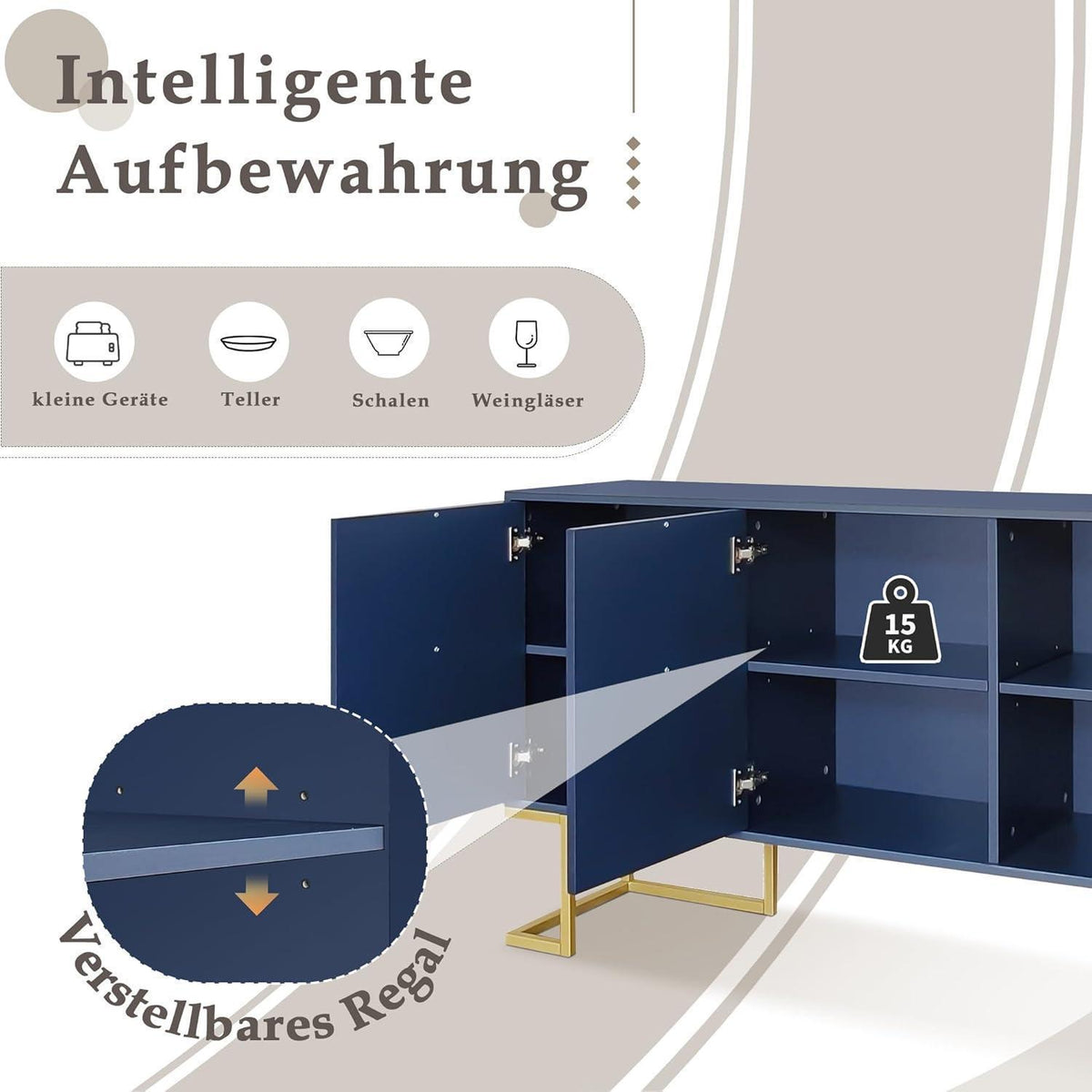 Kommode & Sideboard 6 Schubladen, 3 Türen, Marineblau