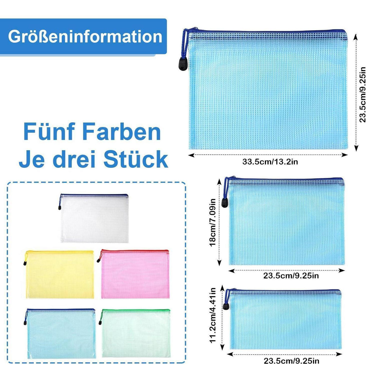 15x Dokumententasche Set A4/A5/A6 mit Reißverschluss & Mesh