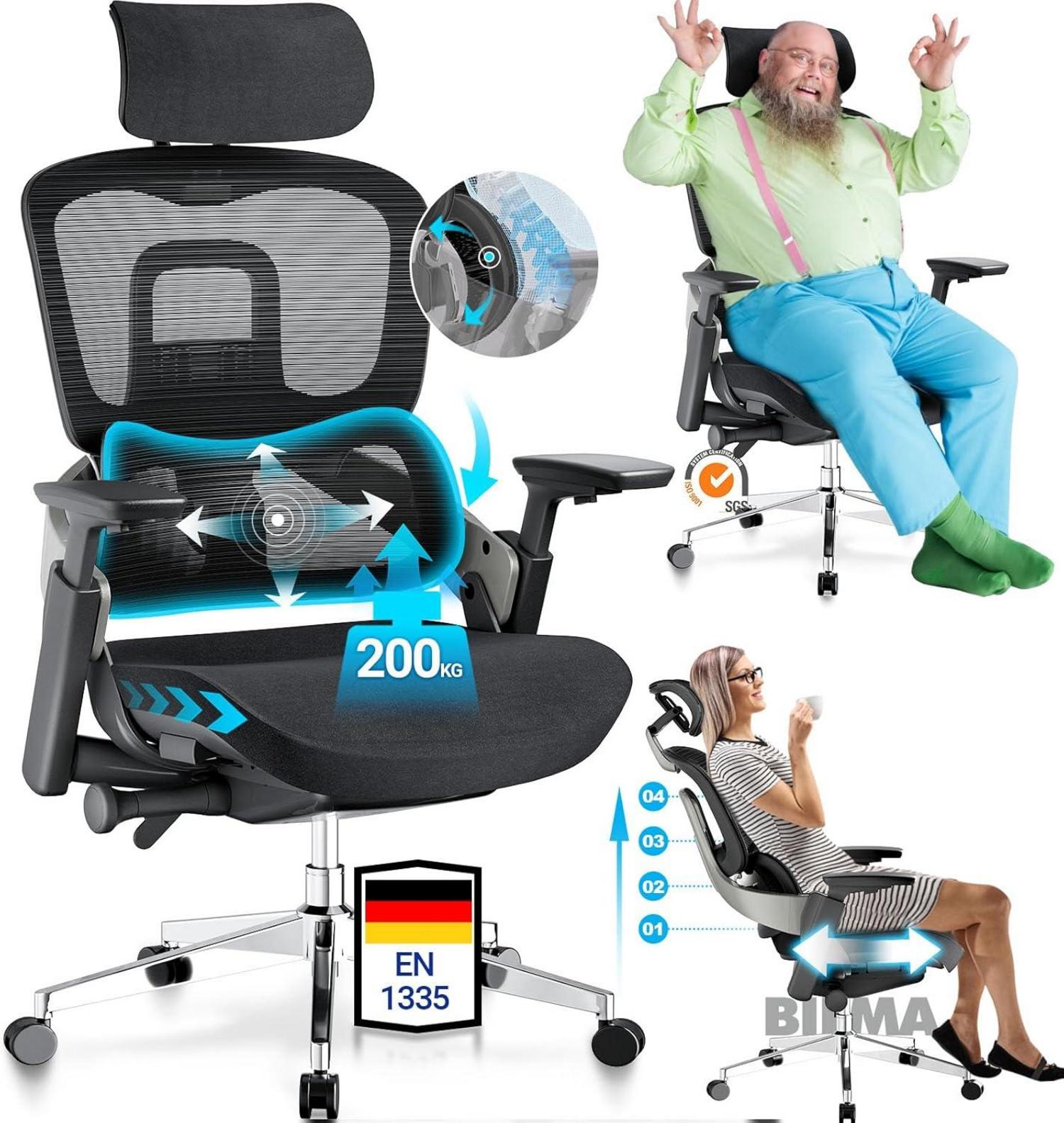Bürostuhl 200KG Dynamische Lordosenstütze 4D-Armlehnen Schwarz