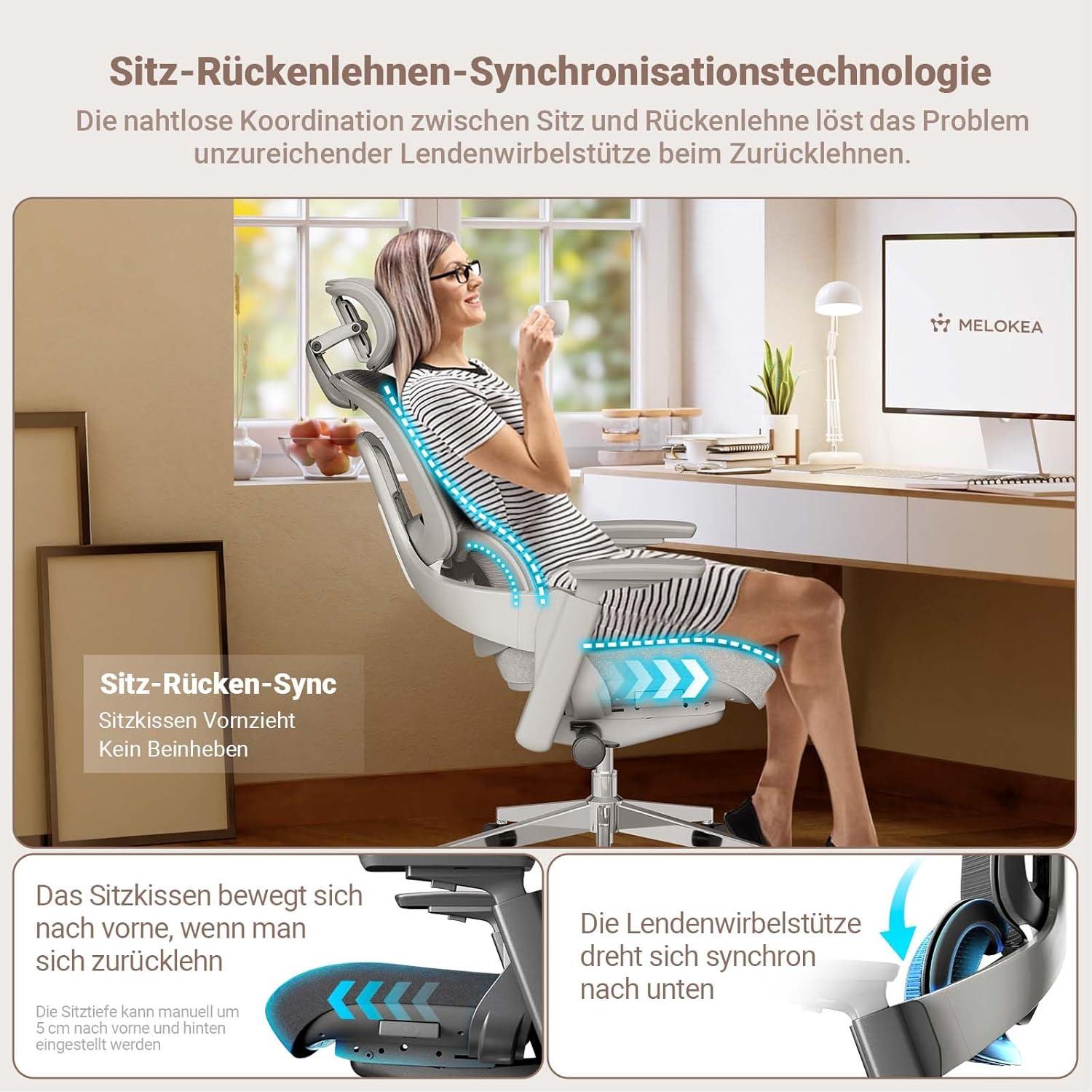 Ergonomischer Bürostuhl 200KG Schwarz mit Lordosenstütze