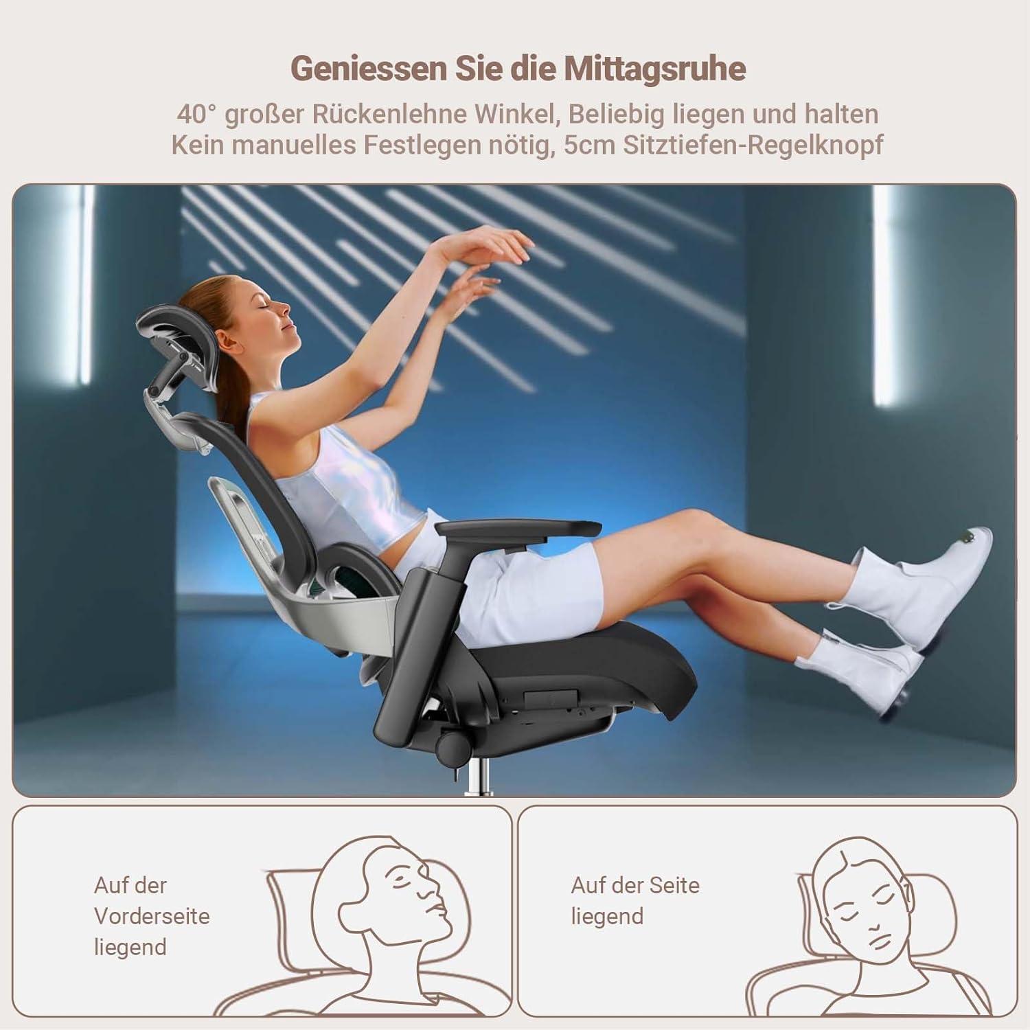 Ergonomischer Bürostuhl 200KG mit Dynamischer Lordosenstütze - Schwarz
