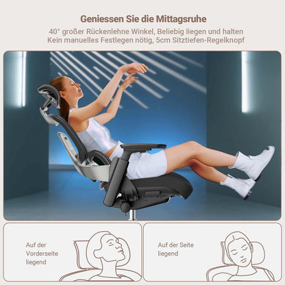 Ergonomischer Bürostuhl 200KG mit Dynamischer Lordosenstütze - Schwarz