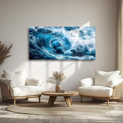 Wellen Wandbild Blau Leinwand XXL – Moderne Wanddeko