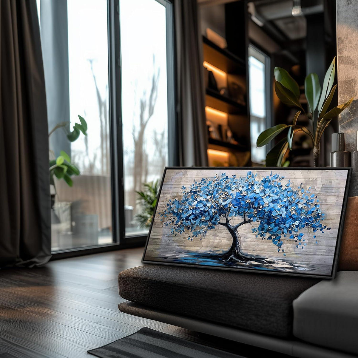 Blühender Baum Leinwandbild mit Rahmen Schwarz 73x146 cm