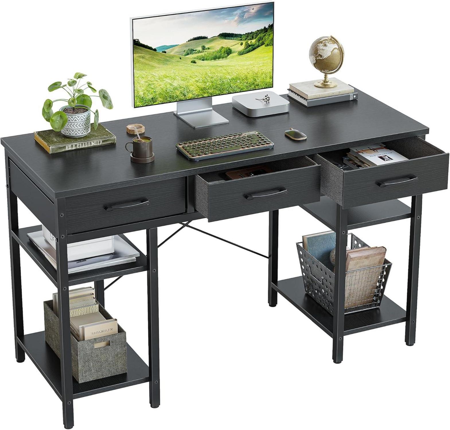 Moderner Computertisch mit Stoffschubladen und Ablageflächen