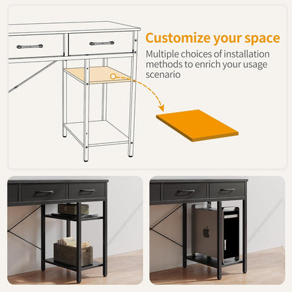 120x50 cm Computertisch mit Stoffschubladen und Ablageflächen, Schwarz
