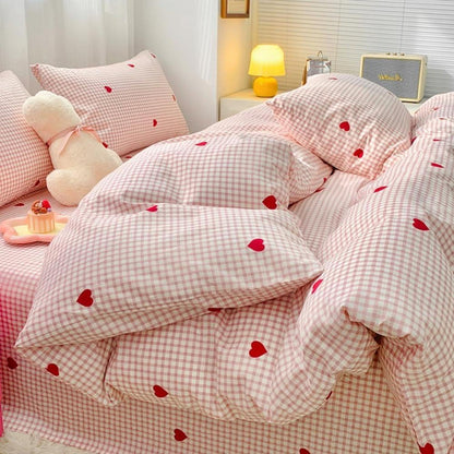Bettwäsche Set 200x220 Rosa Weiß Kariert Herzen mit 2 Kissenbezügen