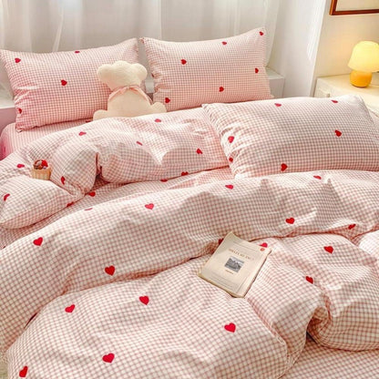 Bettwäsche Set 200x220 Rosa Weiß Kariert Herzen mit 2 Kissenbezügen