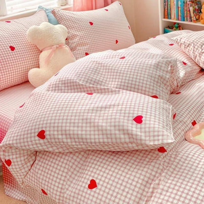 Bettwäsche Set 200x220 Rosa Weiß Kariert Herzen mit 2 Kissenbezügen