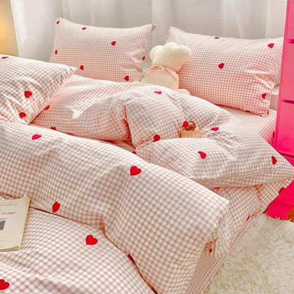 Bettwäsche Set 200x220 Rosa Weiß Kariert Herzen mit 2 Kissenbezügen